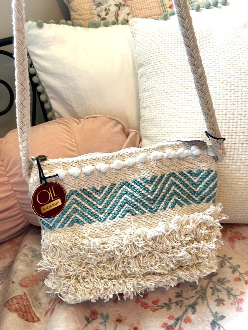 NWT Boho Fringe Crossbody Bag in Cream with Teal Chevron
